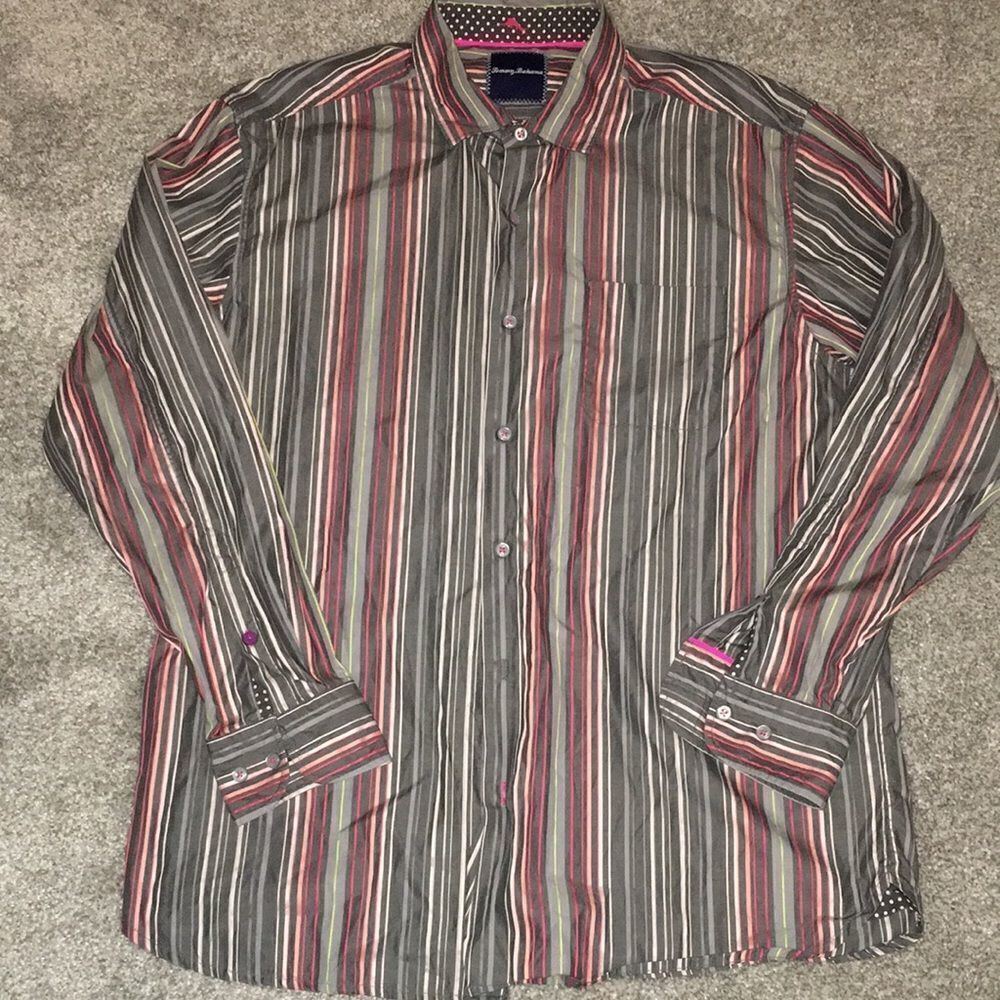 Tommy Bahama Gray Pink Stripe Sailfish LS Casual Party shirt - straight cut L